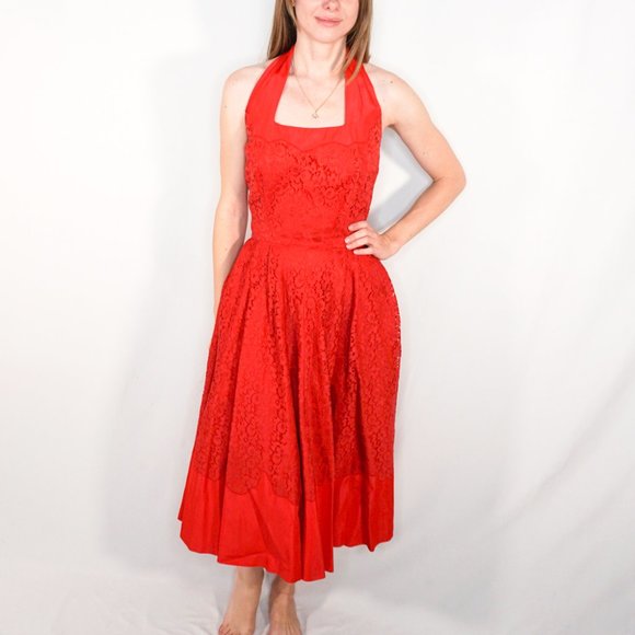 red halter dress midi